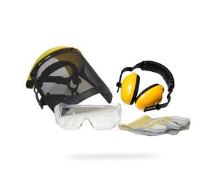 OZAKI - Kit Protection 9102130 - Tronçonnage & Débroussaillage - Casque Anti Bruit 26dB, Ecran De Protection Grillagé Relevable 45m/s, Lunettes De Protection EN166 F, Gants De Manutention