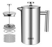 OZAVO - Cafetière à Piston 1L Inox Isotherme avec 5 Filtres Remplacement Acier inoxydable