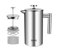 OZAVO Cafetière à Piston Inox 1L French Press Incassable | isotherme, avec 5 Filtres Remplacement , 3 en 1 Acier Filtre à Thé Manual, 1000ml