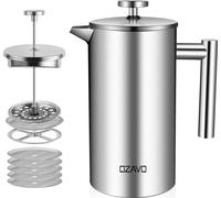 OZAVO Cafetière OZ230, 6 filtres en inox Φ9.5cm, Cafetière, 1L double paroi French Press, double paroi inox Presse à café