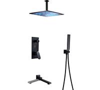 OZBMA Ensemble de Douche avec système LED, Robinet Noir pivotant, Bec de Baignoire, pommeau de Douche Effet Pluie et douchette à Main, 30 cm (12 Pouces).