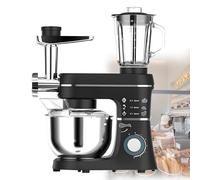 OzcNykt Robot PâTissier 10 L - Robot De Cuisine éLectrique 3 en 1, 5 Vitesses, Bol en Acier Inoxydable, Bol en Verre, Crochet PéTrisseur, Hachoir à Viande, Fouet Black