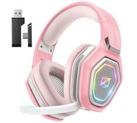 Ozeino Casque Gaming sans Fil pour PC Ps5 Ps4, 2.4GHz Audio sans Perte, USB & Type-C Casque de Jeu Ultra Stable avec Batterie 40 Heures pour Switch Laptop Mobile Mac(Rose)