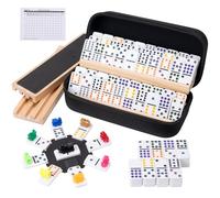 OZFRHO Jeu de dominos de train mexicain avec 4 étagères en bois, jeu double de 12 dominos avec 91 carreaux à points, 9 trains, seau, jeu de société familial classique pour adultes et enfants, voyage