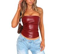 OZICERD Haut tube en cuir synthétique sans bretelles pour femme, haut sexy pour club, tenue de concert rave, bandeau froncé, Rouge bordeaux, Taille L