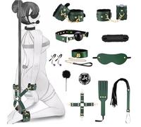Oziral Bondage Set 15 Pièces BDSM Kit de Contrainte Réglable pour Couples avec Menottes Bandeau Bâillon & Fouet Équipement de Bondage pour Débutants à Avancés Durable et Doux pour la Peau (Vert)