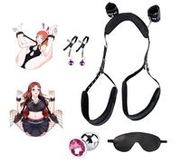 Oziral Kit de Bondage Juego BDSM 4-en-1 - BDSM Accesorios para Juegos Completo con Esposas para Parejas, Cintas para Piernas, Antifaz, Pinzas para Pezones & Tapones Anales