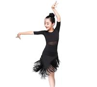 OZLCUA 1 robe de danse latine for filles, vêtements à franges, costume salsa, noir et rouge, robes spectacle tango salle bal(Black,160cm)