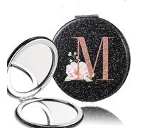 OZLCUA 2pcs Portable PU Double Sided Makeup Mirror Pocket Handheld Mirror Travel Cosmetic Tool Rose Gold Letter(Black-M)