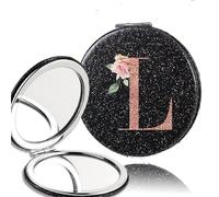 OZLCUA 2pcs Portable PU Double Sided Makeup Mirror Pocket Handheld Mirror Travel Cosmetic Tool Rose Gold Letter(Black-L)