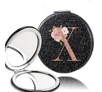 OZLCUA 2pcs Portable PU Double Sided Makeup Mirror Pocket Handheld Mirror Travel Cosmetic Tool Rose Gold Letter(Black-X)