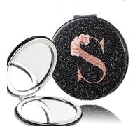 OZLCUA 2pcs Portable PU Double Sided Makeup Mirror Pocket Handheld Mirror Travel Cosmetic Tool Rose Gold Letter(Black-S)