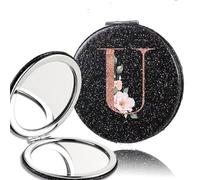 OZLCUA 2pcs Portable PU Double Sided Makeup Mirror Pocket Handheld Mirror Travel Cosmetic Tool Rose Gold Letter(Black-U)