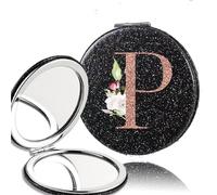 OZLCUA 2pcs Portable PU Double Sided Makeup Mirror Pocket Handheld Mirror Travel Cosmetic Tool Rose Gold Letter(Black-P)