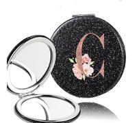 OZLCUA 2pcs Portable PU Double Sided Makeup Mirror Pocket Handheld Mirror Travel Cosmetic Tool Rose Gold Letter(Black-C)