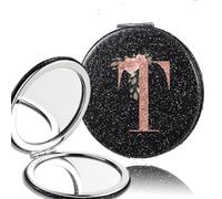 OZLCUA 2pcs Portable PU Double Sided Makeup Mirror Pocket Handheld Mirror Travel Cosmetic Tool Rose Gold Letter(Black-T)