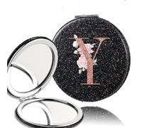 OZLCUA 2pcs Portable PU Double Sided Makeup Mirror Pocket Handheld Mirror Travel Cosmetic Tool Rose Gold Letter(Black-Y)