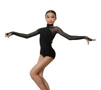 OZLCUA Combinaison de danse latine noire for filles, justaucorps à manches longues, vêtements performance salle bal, body Cha(160cm)