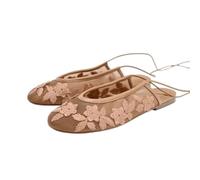 OZLCUA Femmes Maille Broderie Florale Cheville Wrap Cravate Chaussures Plates Bout Rond Slingback Ballerines été à Lacets
