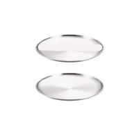 OZLCUA Lot de 2 assiettes à dîner rondes en acier inoxydable, plateau peu profond, doré et argenté, for fruits et viandes(2Pcs 23cm Silver)
