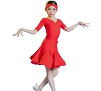 OZLCUA Règles de danse latine Compétition Robe Filles Professionnelle Jupe Standard Internationale(Mid sleeve red,140)