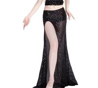 OZLCUA Robe Danse Orientale Ensemble d'entraînement de Danse du Ventre, Jupe Longue Fendue à Paillettes, Costumes de Spectacle for Femmes Adultes, 2 pièces(Skirt Black,M)