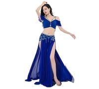 OZLCUA Robe Danse Orientale Tenue de Danse for Femmes, Costume de Danse du Ventre de Groupe, Jupe Longue Extensible, Robes d'entraînement for Filles avec Franges(Blue,L)
