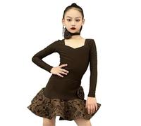 OZLCUA Robe de danse latine à manches longues for filles, tenue d'entraînement for tango et rumba(Dark coffee,150cm)