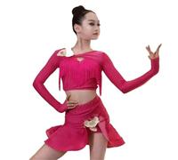 OZLCUA Robe de danse latine for filles, jupe performance avancée à pompons, for l'automne et l'hiver(Rose red,160)