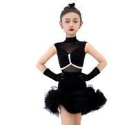 OZLCUA Robe de danse latine for filles, sans manches, jupe tutu à volants, costume performance, compétition, rumba, tango(Black suit,130cm)