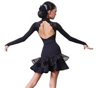 OZLCUA Uniforme de danse latine for filles, robe compétition à manches longues en maille dos nu, costume salon Cha-cha Samba Rumba(160)