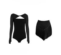 OZLCUA Vêtements de danse latine for filles, combinaison noire à manches longues, haut à pompons, jupe Cha Rumba, costumes de samba(Top skirt 2pcs,150cm(S))