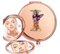 OZLCUA Women Makeup Mirror Double Sided Round Metal Look Glass Folding Pocket Mirror Butterfly Letter Pattern(Gold-I)