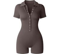 OZLCUA Yoga Nue Une Pièce Combinaison de Yoga côtelée for Femmes, col en v, Taille Extensible, Combinaison de Sport, Gaine de Couleur Unie, Moulante, Barboteuse Taille Haute(Coffee,S)