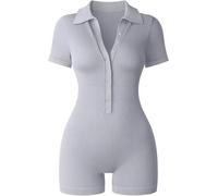 OZLCUA Yoga Nue Une Pièce Combinaison de Yoga côtelée for Femmes, col en v, Taille Extensible, Combinaison de Sport, Gaine de Couleur Unie, Moulante, Barboteuse Taille Haute(Light Grey,S)