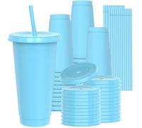OZMOJOO Lot de 24 gobelets en plastique avec couvercles et pailles, robustes et de qualité alimentaire avec couvercle, gobelets en plastique réutilisables pour fête de révélation du sexe (bleu ciel)