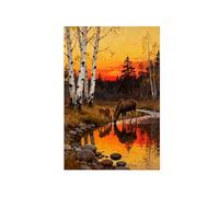 OZPWBVY Automne Tableau Decoration Murale Salon-Arbre Coucher Soleil rivière Cerf Paysage Impression sur Toile-Moderne Minimaliste Animal Image Chambre 50x75cm Sans Cadre
