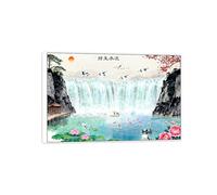 OZPWBVY Chinoiserie Impressions sur Toile Paysage Tableau-Animaux lac Cascade-Nature Image-Cadre Blanc Décoration Murale Salon 70x105cm