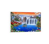 OZPWBVY Chinoiserie Impressions sur Toile Paysage Tableau-Coucher soleil oiseaux lac Cascade-Nature Image-Cadre Blanc Décoration Murale Salon 50x75cm