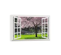 OZPWBVY Fausse Fenêtre Paysage Impression sur Toile-Arbre Fleurs roses-Moderne Affiche-Nature Tableau Décoration Salon Prête Accrocher 70x105cm Encadrée