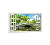 OZPWBVY Fausse Fenêtre Paysage Impression sur Toile-Arbre pont Lac-Moderne Affiche-Nature Tableau Décoration Salon Prête Accrocher 70x115cm Encadrée