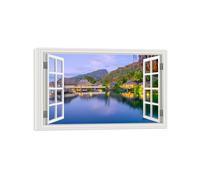 OZPWBVY Fausse Fenêtre Paysage Impression sur Toile-Maison Lac-Moderne Affiche-Nature Tableau Décoration Salon Prête Accrocher 70x115cm Encadrée