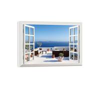 OZPWBVY Fausse Fenêtre Paysage Impression sur Toile-Terrasse Mer-Moderne Affiche-Nature Tableau Décoration Salon Prête Accrocher 90x125cm Encadrée