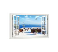 OZPWBVY Fausse Fenêtre Paysage Impression sur Toile-Terrasse Oiseaux Mer-Moderne Affiche-Nature Tableau Décoration Salon Prête Accrocher 20x30cm Encadrée
