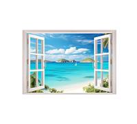 OZPWBVY Fausse Fenêtre Vue Impression Image Nature sur Toile-Nuages blancs Mer Plage-Paysage Tableau-Moderne Décoration Murale Salle de Bain 80x120cm Sans Cadre