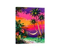 OZPWBVY Moderne Tableau sur Toile Coucher de Soleil Plage-Palmier Arbre-Colorée Affiche Décoration Salon-Paysage Impression Prête à Accrocher 70x90cm Encadrée