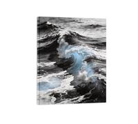 OZPWBVY Noir et Blanc Paysage Tableau Mural-Vagues Mer Bleu 24-Minimaliste Impression sur Toile-Décoration Murale Salon Prête à Accrocher 70x90cm Encadrée