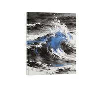 OZPWBVY Noir et Blanc Paysage Tableau Mural-Vagues Mer Bleu 4-Minimaliste Impression sur Toile-Décoration Murale Salon Prête à Accrocher 90x117cm Encadrée