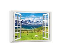 OZPWBVY Paysage Impression sur Toile-Fausse Fenêtre Tableau-Animaux Prairie Montagne-Nature Image Murale Décoration Salon Prête à Accrocher 60x80cm Encadrée