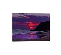 OZPWBVY Tableau sur Toile Coucher de Soleil Plage-Ciel violet mer-Océan Décoration Murale Salon Chambre-Paysage Affiche Prête à Accrocher 90x117cm Encadrée